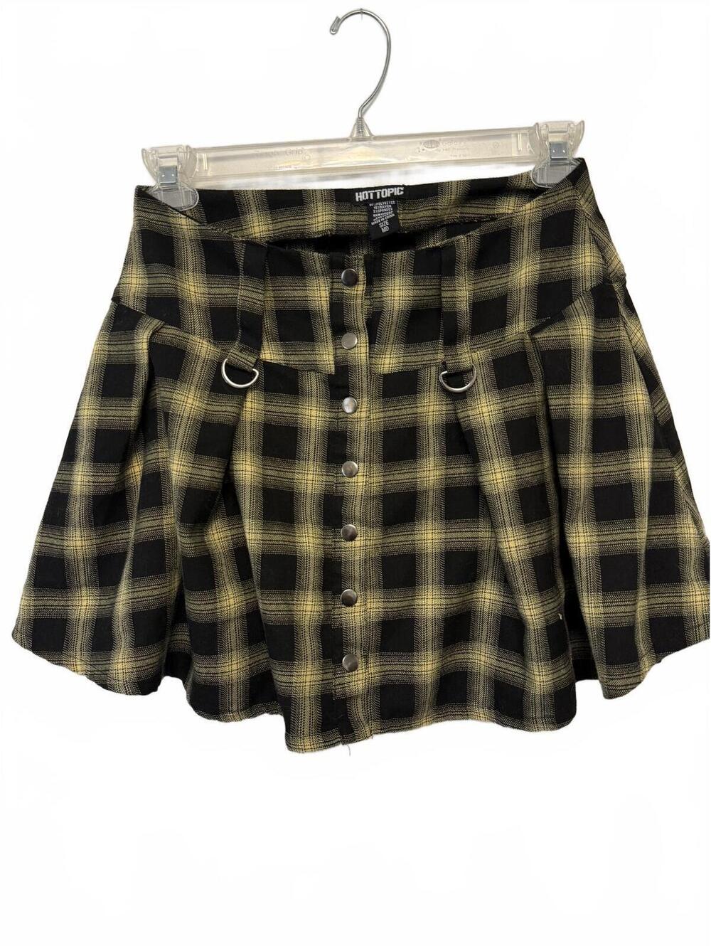 Hot Topic Black and Yellow Plaid Button-Front Skater Skirt - Medium